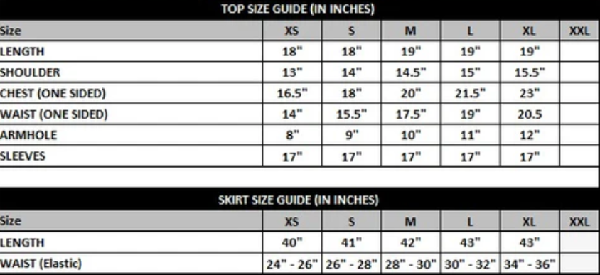 Size Chart for Carnation Top & Skirt Set